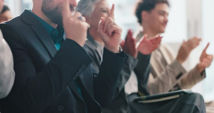 Audience, applause and group in workshop, celebration or success for training session or colleagues. Clapping, hands and achievement for people in seminar, crowd and thank you for presentation