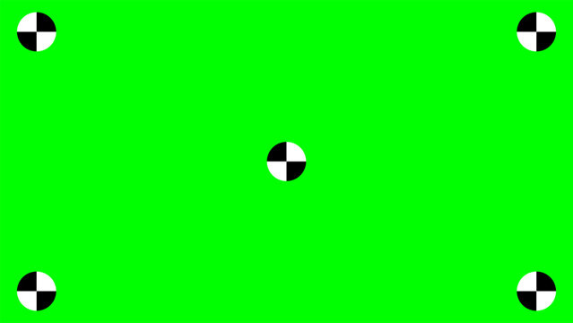 Vibrant green screen with corner and center tracker marks, perfect for video editing, special effects, and virtual reality projects. Ideal for chroma key compositing