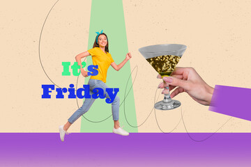 Banner sketch pop artwork collage of happy girl guy dance weekend chill night club martini glass bar occasion celebration birthday