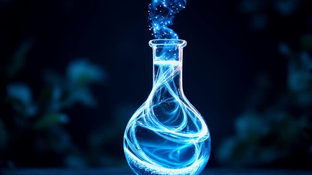 Mystical, glowing blue potion in a laboratory flask, perfect for fantasy or science fiction themes.