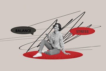 Sketch graphics collage of young person on grey background with two phrase balance stress