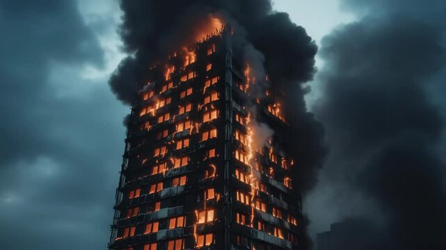 Tall residential building fully ablaze with intense flames and black smoke, photographed against a dark cloudy sky, illustrating disaster crisis