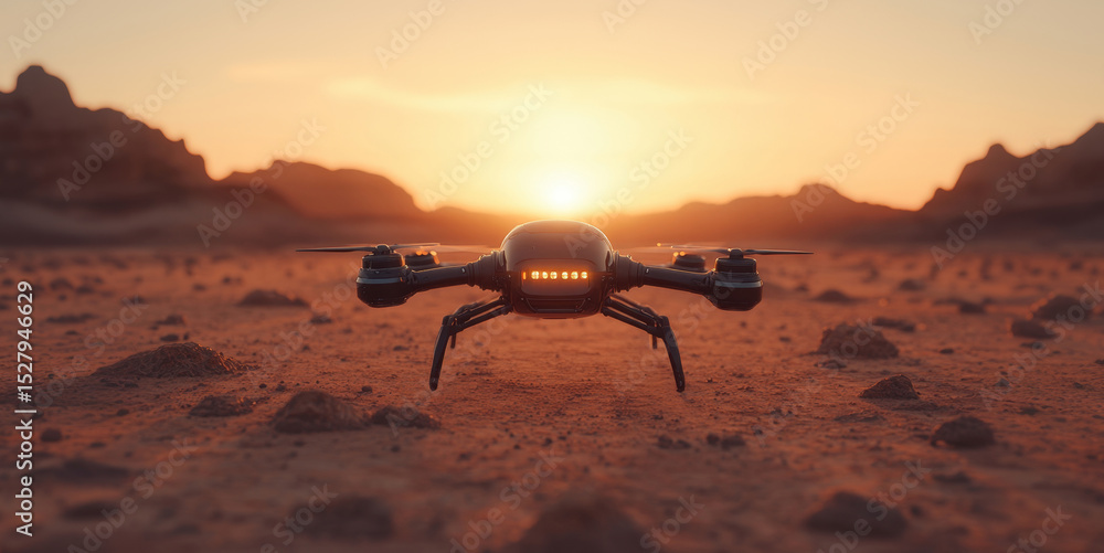 Poster a robot exploration drone prepares for a mission on an alien planet as the sun sets in the backgroun