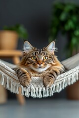 Maine Coon cat relaxing in a hammock