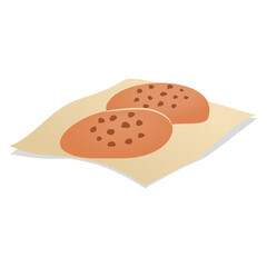 Isolated digital simple drawing of a chocolate chip cookie resting on a beige paper napkin