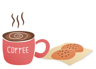 Chocolate chip cookies on the paper napkin and coffee in cup. Flat style elements.