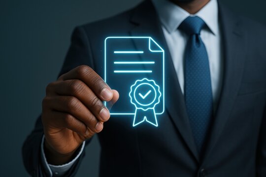 Person suit holding digital certificate icon with check mark