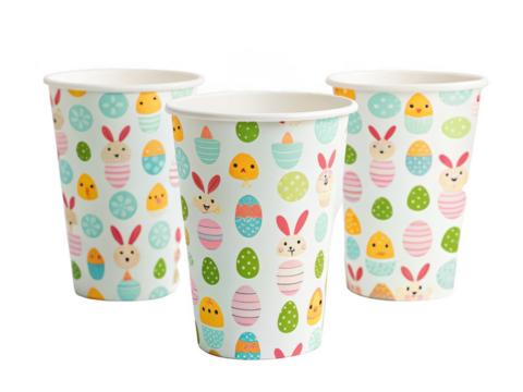 easter themed paper cups png bunny cup png festive drinkware png disposable party cup png egg cup png holiday beverage cup png transparent background image
