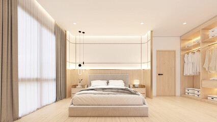 Minimalist  japan style bedroom decorated with padded headboard and curved wall, wood dressing table and wood wardrobe. 3d rendering