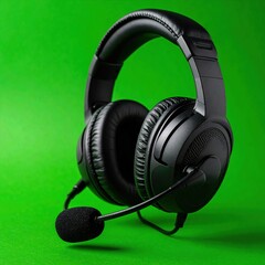 Black headphones with microphone on green background