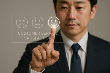 Man formal suit pressing smiley face icon digital interface