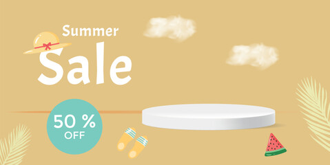 Summer sale banner with 3d podium, cloud. Card for seasonal promotion in marketing, online shopping, business. Vector illustration