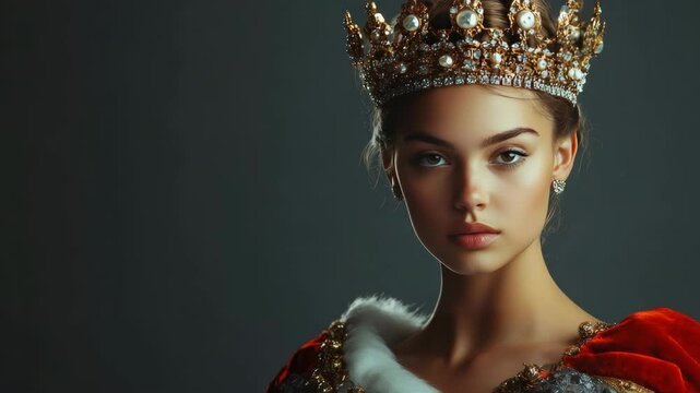 Elegant young woman wearing a jeweled crown and royal robe, realistic style, dark background. Concept of royalty, beauty, and nobility