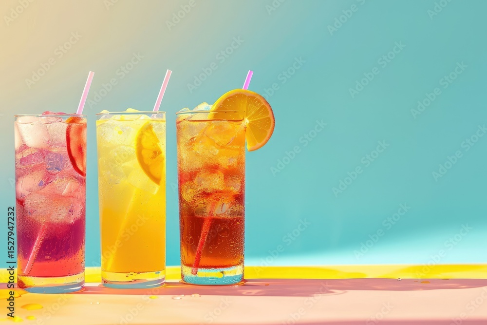 Poster vibrant color image of three different colored drinks with different colors of rainbow colors