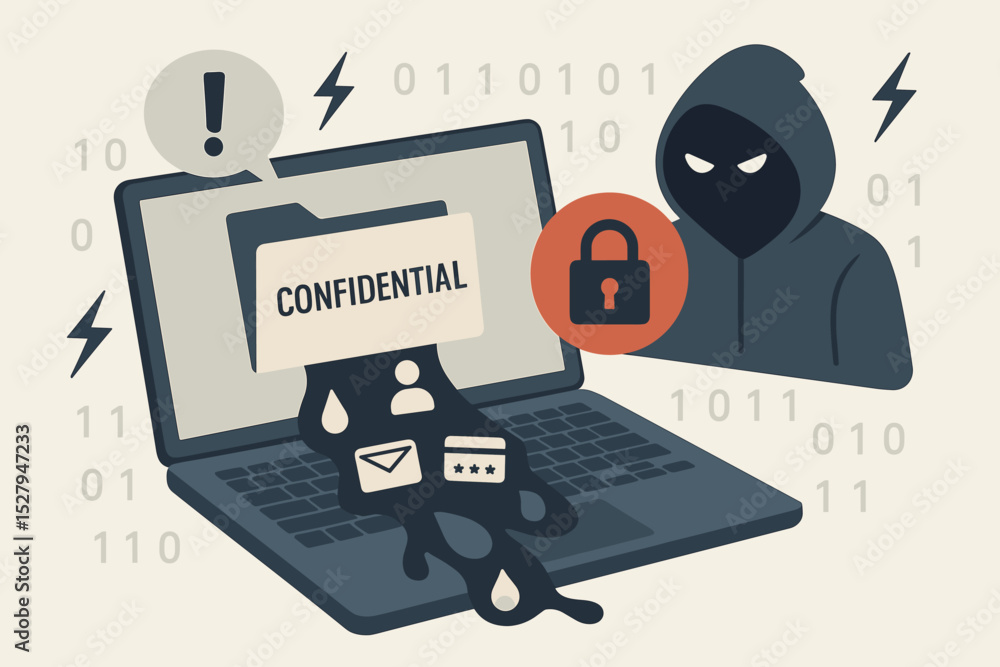 Aufkleber cyber attack and data breach concept. hacker stealing confidential information from laptop. cybersec