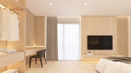 Minimalist japan style bedroom decorated with wood wall and wood tv cabinet, wood dressing table and wood wardrobe. 3d rendering