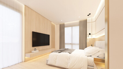 Minimalist japan style bedroom decorated with padded headboard and curved wall, wood wall and wood tv cabinet. 3d rendering
