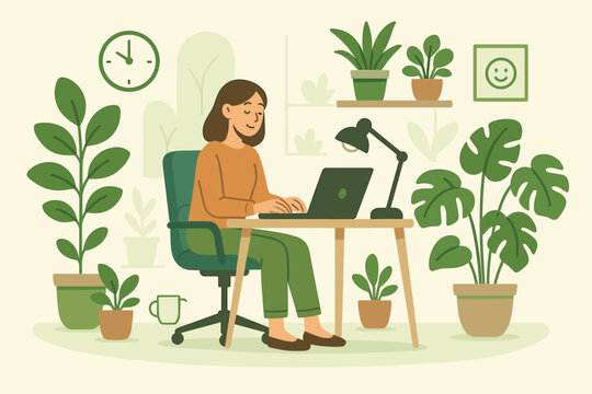 Woman working on a laptop in a green office with plants. Biophilic design concept for freelance remote work, productivity, and mental well-being. Calm workplace illustration.