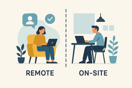 Hybrid work model illustration comparing remote work from home and on-site office job. Concept of flexible workplace, employee choice and new corporate work policy. Vector banner.