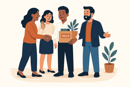 Friendly team welcomes a new employee. Concept of onboarding, integration, and a positive corporate culture. Diverse colleagues shaking hands with a new hire. First day at work.