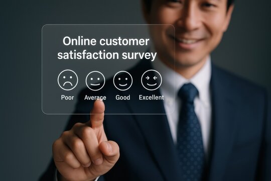 Businessman suit interacts with digital survey about customer