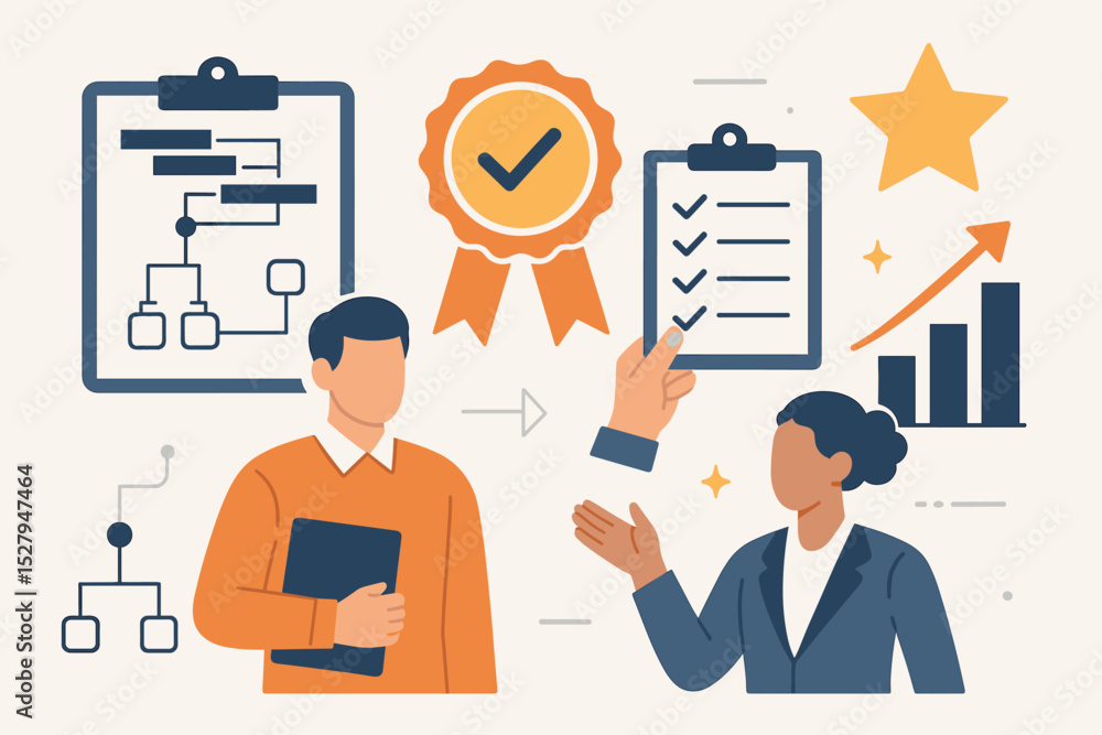 Aufkleber project management excellence concept. business people discuss strategy with flowchart and checklist
