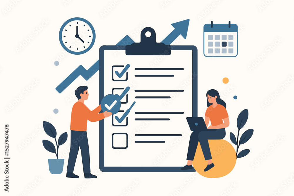 Aufkleber task management strategies for business productivity. team completing giant checklist to-do list. co