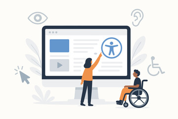 Web accessibility concept with diverse people. Designer creating inclusive UI for user in wheelchair. Website development for disabled persons. Digital inclusion and accessibility.