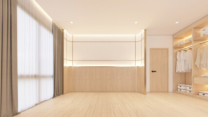 Minimalist  japan style empty room decorated with padded headboard and curved wall, wood dressing table and wood wardrobe. 3d rendering