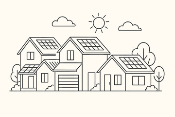Fototapeta premium Solar powered homes with panels on the roof line art illustration. Renewable energy concept for a sustainable community. Eco-friendly green technology for residential houses vector.