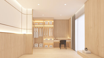 Minimalist  japan style empty room decorated with padded headboard and curved wall, wood dressing table and wood wardrobe. 3d rendering