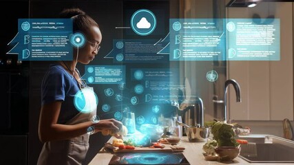 Woman Cooking with AI Assistant and Holographic Interface, Smart Kitchen Scene with Augmented Reality Overlay - Powered by Adobe