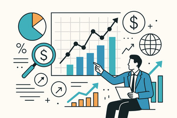 Market analysis concept. Businessman pointing at charts, graphs. Financial planning, investment strategy, business growth report. Data research, global economy vector illustration.