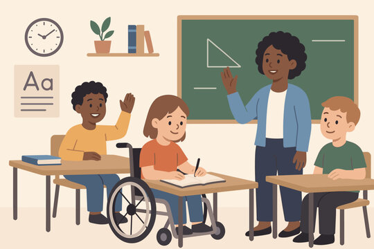 Inclusive education concept with diverse students and teacher in classroom. Girl with disability in wheelchair. Multicultural school lesson. Vector illustration of equality and diversity.