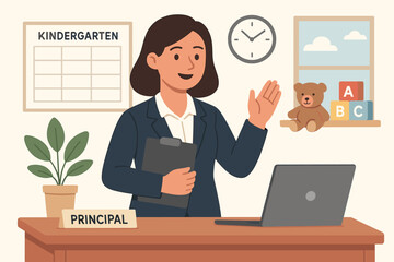 Friendly female school principal sitting at her office desk in a kindergarten. Professional woman administrator character illustration. Concept for education, leadership, back to school.