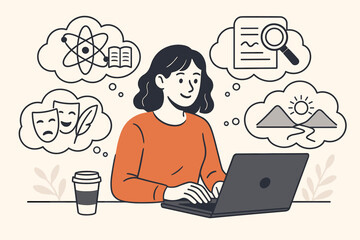 Creative writing and research concept. Woman writer or student working on laptop with thought bubbles. Multitasking, online education, brainstorming ideas. Science, arts, travel, literature.