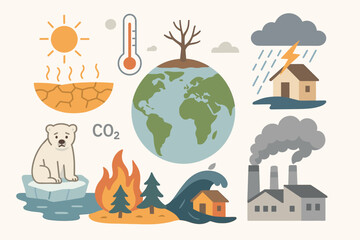 Climate change and global warming icon set. Environmental impact concepts like pollution, CO2 emissions, drought, flood, wildfire, and melting glaciers. Planet Earth crisis vector.