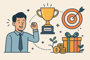 Motivation and incentives concept. Employee recognition program with happy businessman celebrating success. Award, bonus, and career growth for achieving business goals and targets.