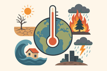 Fototapeta na wymiar Climate change concept vector illustration. Global warming awareness. Planet Earth with thermometer showing high temperature. Natural disasters: flood, drought, wildfire, storm, tsunami.