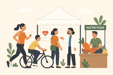 Active lifestyle concept for a community health fair. Vector illustration of people exercising, a woman running and a boy cycling. Doctor gives medical advice and a nutrition stall sells fruit.