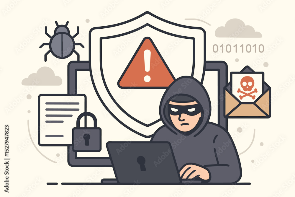 Poster hacker attack and cybersecurity vector concept. hooded man at laptop committing internet crime. phis