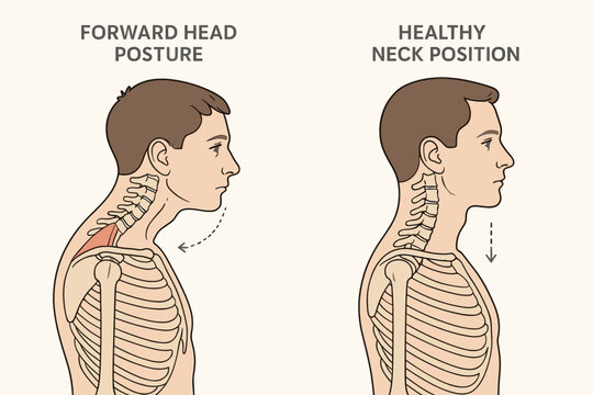 Forward head posture vs healthy neck position. Medical illustration showing text neck, a bad posture problem. Correct spine alignment for health, ergonomic and chiropractic concepts.