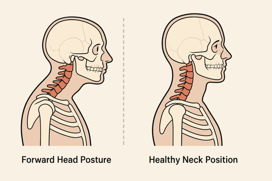Forward Head Posture vs Healthy Neck Position. Comparison of good and bad spine alignment. Medical vector illustration of text neck concept, kyphosis, and cervical anatomy.