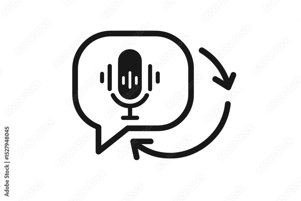 Poster microphone symbol inside speech bubble with recycle arrows indicates audio feedback loop