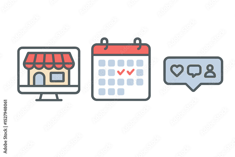 Poster online storefront on computer screen with calendar showing dates and a social media engagement notif