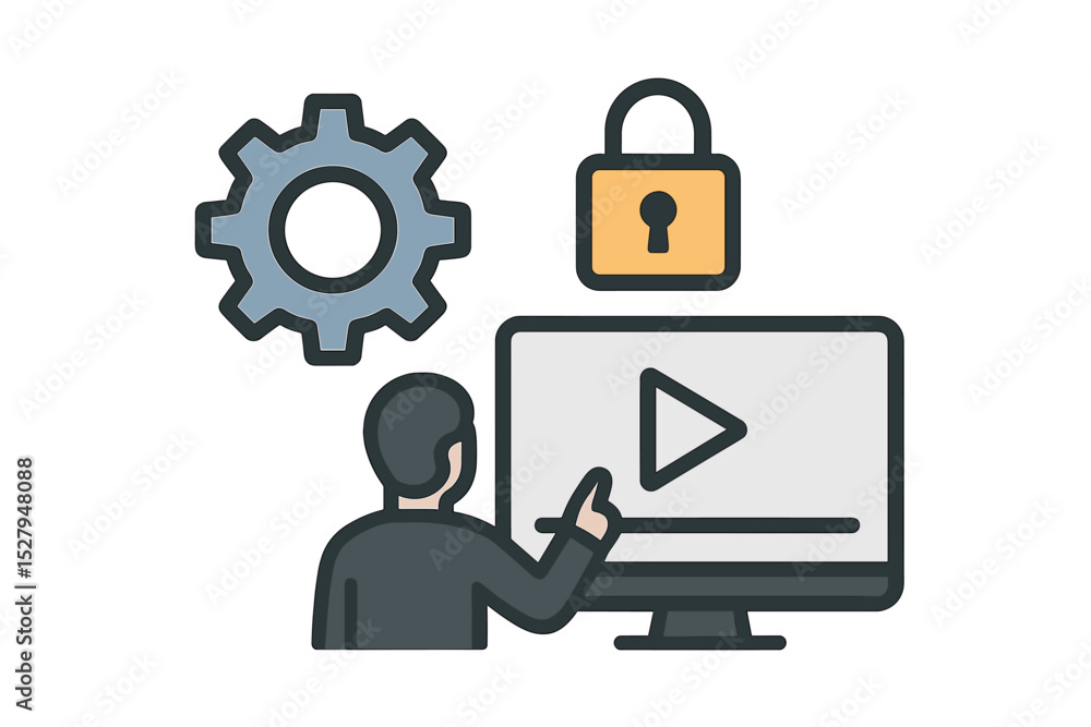 Poster man interacting with computer screen showing play button with gear and padlock above, isolated