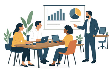 Business team meeting presentation with graphs on screen, workers sitting and listening to the manager explain data