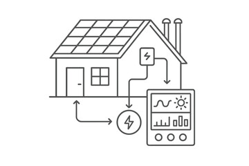 Line art depicting house with solar panels powering energy system and monitoring display