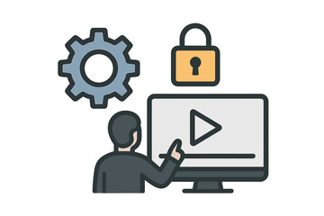 Man interacting with computer screen showing play button with gear and padlock above, isolated