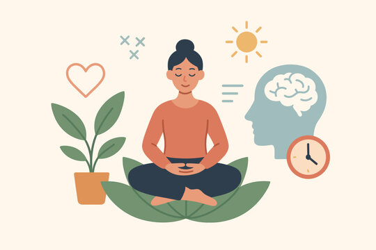 Mindfulness meditation concept. Woman practicing yoga in lotus pose for mental health and well-being. Vector illustration of self-care, balance, positive thinking, healthy lifestyle. - Powered by Adobe
